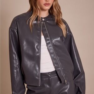 PLT grey leather jacket and shorts set